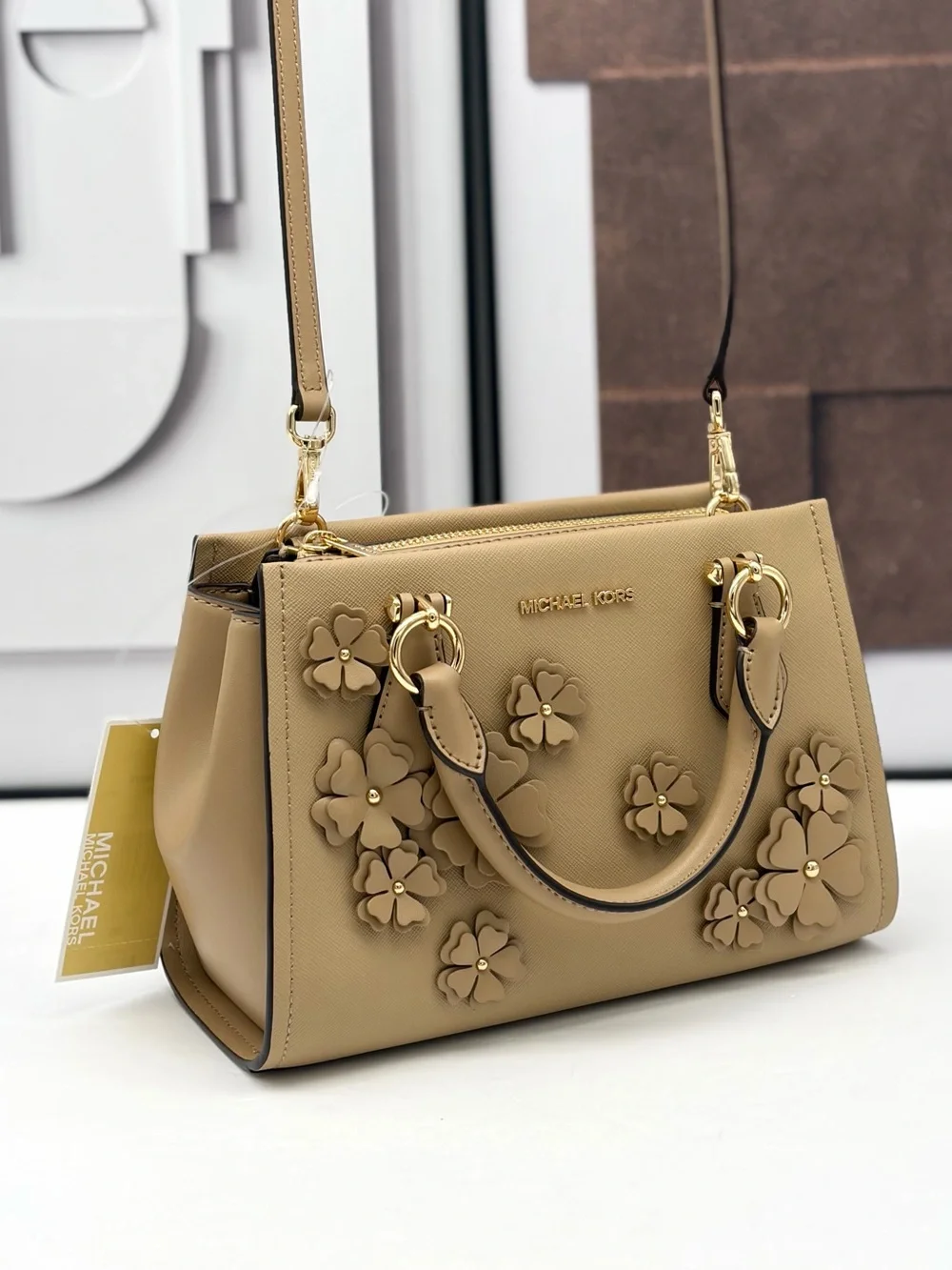 MICHAEL KORS Marilyn Small Floral Embellished Satchel Crossbody Bag Camel NWT